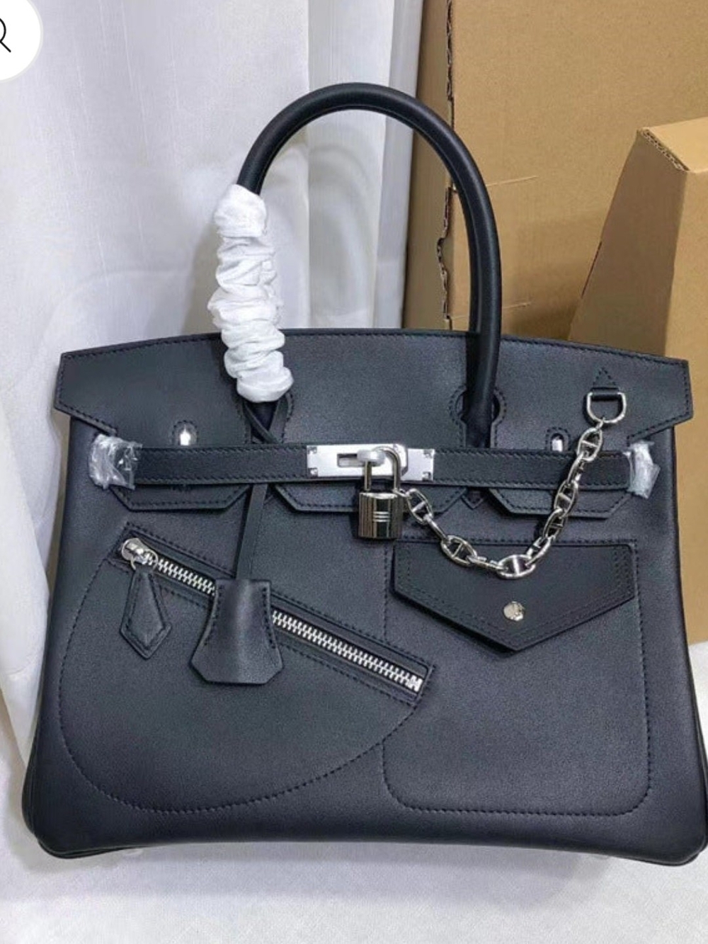 Structured Black Satchel with Silver Hardware and Chain Accent - Picture 2 of 4